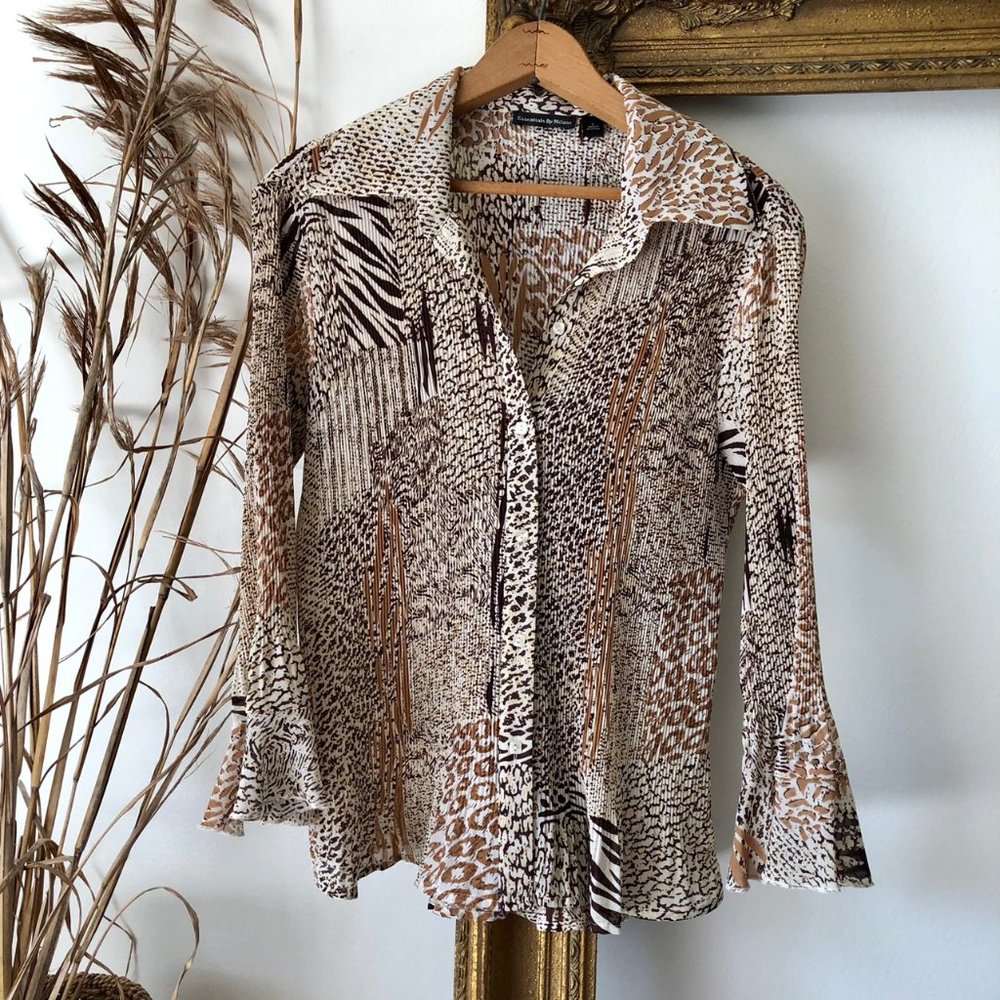 patchwork animal print plisse button up blouse